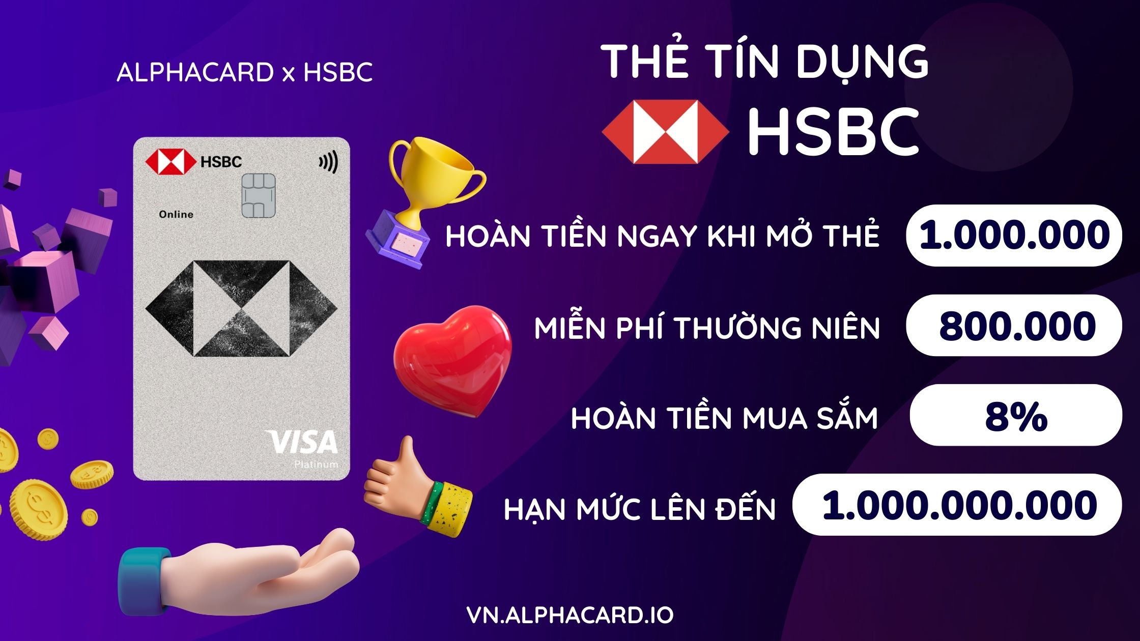 Cách đăng ký Thẻ tín dụng HSBC - Mở thẻ nhận ngay ưu đãi 1.800.000 VND - Hạn mức lên đến 1 tỷ VND - Hoàn tiền mua sắm lên đến 8% -